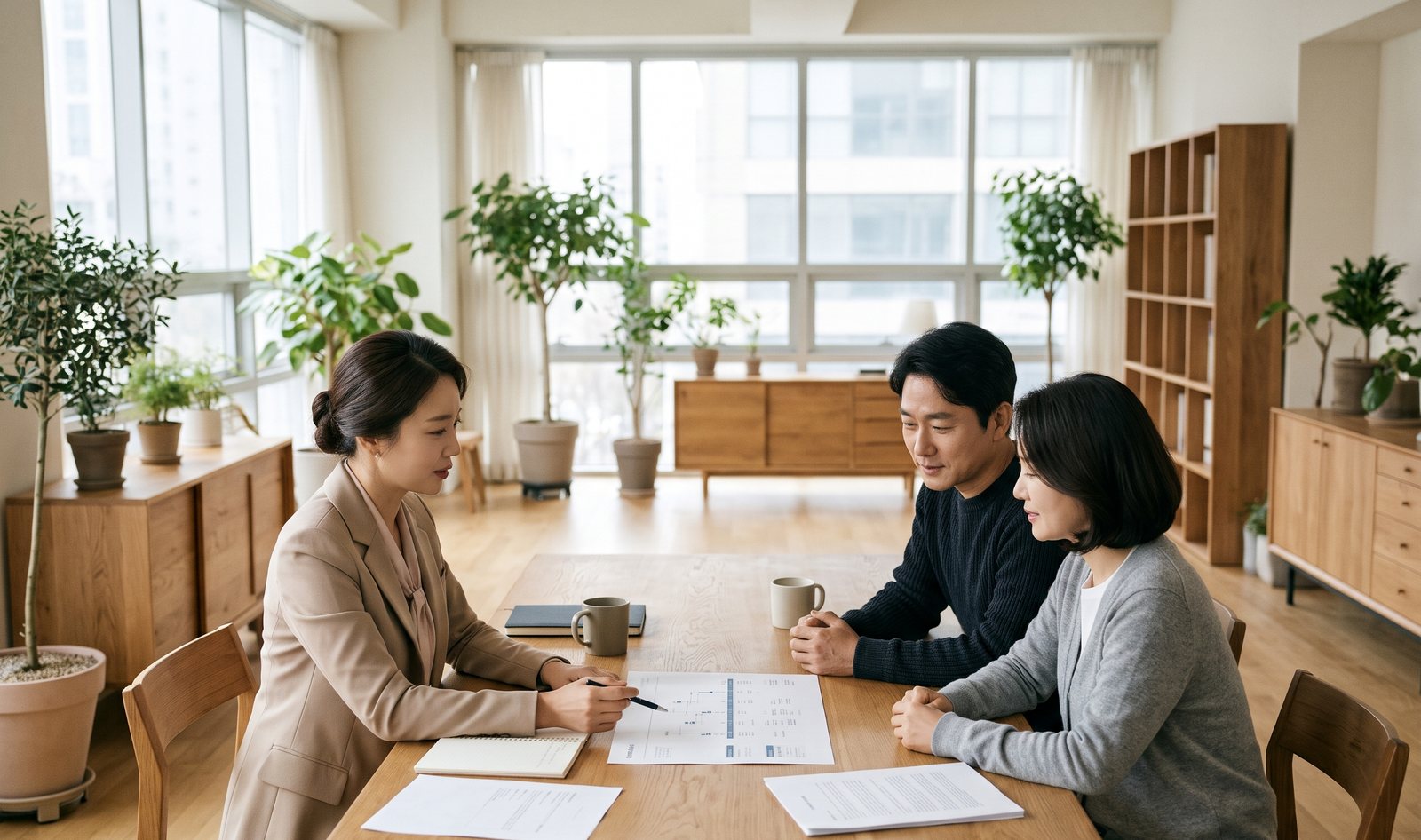 상담실에서 설명을 듣는 부부